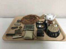 A tray of opera glasses, plated purse, plated vesta and coin holder, pens knives, chain mail purse,