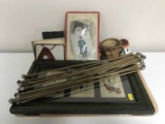Three framed hand stitched postcards, stair rods, table box, lace pieces, pottery tobacco jar,