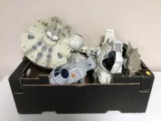 To boxes of Kenner and Hasbro Star Wars vehicles including original Millennium Falcon, Slave 1,