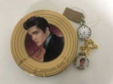 A silver cased pocket watch and a Elvis Presley pocket watch and plate