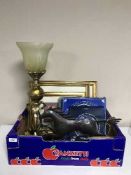 A box of gilt framed pictures, metal horse table lamp,