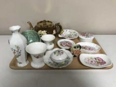 A tray of Wedgwood Sweet Meadow and Aynsley Wild Tudor china, copper lustre teapot,