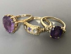 Three 9ct gold amethyst set rings, 8.