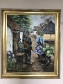 Four continental oils depicting rural scenes and steam boats, in gilt frames,