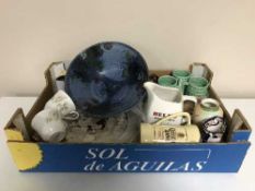 Three boxes of assorted tea china, whiskey jugs,