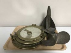 A tray of two brass ship's porthole mirrors, ship's porthole,