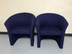 Two contemporary office tub chairs in purple fabric