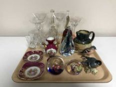 A tray of assorted glass ware, Limoges vase and plates, paperweights,