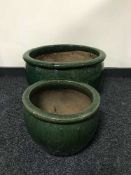 Two pairs of green glazed garden planters
