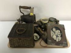 A tray of horn flask, wicker sewing box, vintage money boxes, plated ware,