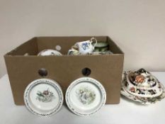 Three boxes of assorted Coalport and Denby dinner ware, ironstone jug,
