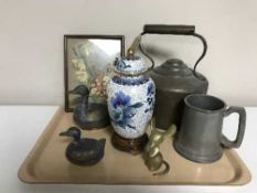 A tray of cloisonne lidded vase, copper kettle, pewter and brass duck ornaments,