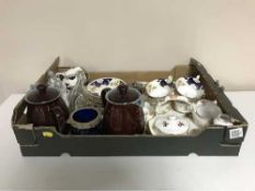 A box of Victorian tea set, china book ends, two Denby teapots,