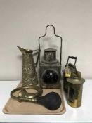 A tray of brass car horn, two brass miner's lamps,