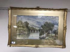 A gilt framed watercolour - figures on a path, by J. A.