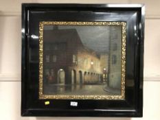 Continental school : A moonlit street, oil on canvas, indistinctly signed, framed.