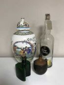 A Japanese lidded vase, Long John Scotch whiskey bottle,