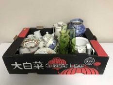 A box of commemorative china, Arthur wood jug, planters,