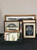 A collection of framed prints and photos of cats and dog inc.