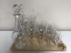 A tray of lead crystal drinking glasses, J G Durand decanter,