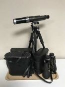A Panorama spotting scope on stand and three sets of binoculars by Miranda,