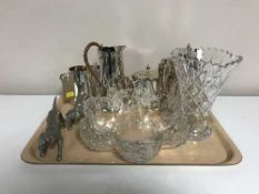 A tray of three piece 20th century plated tea service and plated coffee pot,