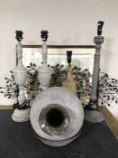 Four contemporary table lamps, vase and bowl,