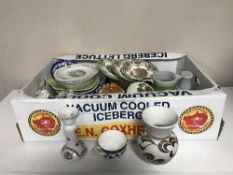 Three boxes of assorted tea china, cottage ware, Wedgwood Peter Rabbit plate,