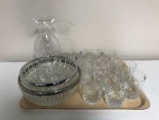 A tray of assorted lead crystal whiskey tumblers, lead crystal vase,