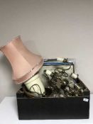A box of two continental brass light fittings, copper coal bucket, table lamp,