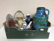 A box of blue and white Chinese style vases, large West German vase, coloured glass ware,
