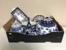 A box of blue and white china including an oriental style pumpkin lidded pot, basket,