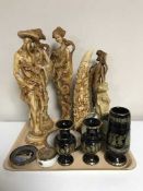A tray of figures, carved resin tusk ornament, continental china etc.