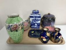 A good collection of Maling to include - Peony rose vase, Rosina dish, blue and white caddy,