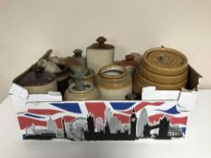 A box of stone ware kitchen jars, hot water bottles,