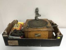 A box of table top oak gramophone and photographic outfit kit