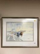 Two framed N. H Brown watercolour and pastel picture - boats in harbour and a Gordon T.