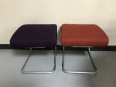 Six office rocking stools upholstered in red and purple fabric