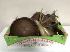 A box of two pairs of bellows, two cow horns, two yolks, large wooden bowl,