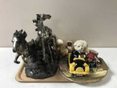 A tray containing a contemporary Academy figure of horses, Ringtons money box, Doulton wall plate,