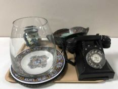 A tray of cloisonne ware bowl, bakelite telephone, candlesticks, glass vase,