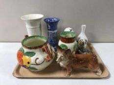 A tray containing two Crown Ducal Valencia vases, Wedgwood vase, blue and white vase,