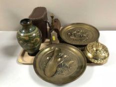 A tray of assorted brass ware, leather cased Swift binoculars, leather cased field glasses,