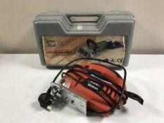 A box of Sealey bench grinder, Black & Decker jigsaw, bench vice,