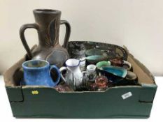 A box of pottery jugs, beer stein, Japanese dish,