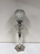 A good quality silver plated Evered & Co oil lamp with glass chimney and shade
