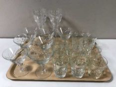 A tray containing assorted lead crystal drinking glasses,
