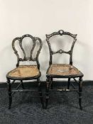 Two cane seated ebonised bedroom chairs with mother of pearl inlay