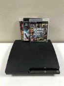 A box of PS3 with leads and games,