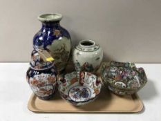 A tray containing oriental china including Imari lidded vase and bowl, 20th century ginger jar,